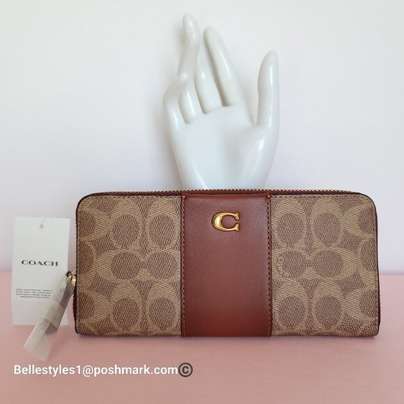 COACH Slim Accordion Zip Wallet In Signature Canvas with Back Slip Pocket-Tan ⭐ - Picture 7 of 16